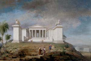 Classical-style building on a hill and flanked by columns with horse statuary. Figures walk up the hill
